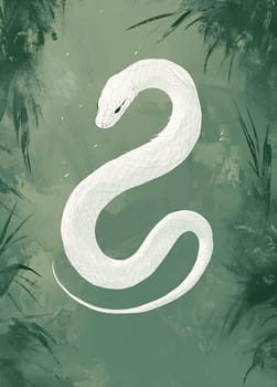 A striking white snake slithers through vibrant green foliage, showcasing its elegance and unique coloration in a tranquil environment.