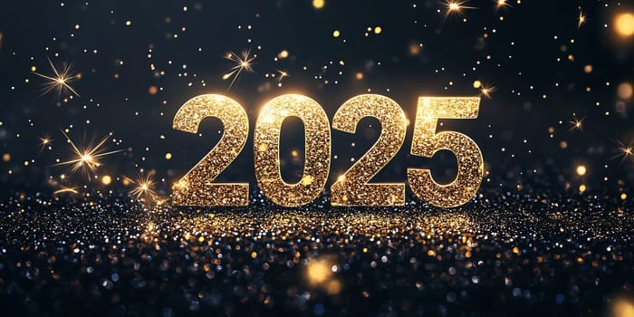 The shining numerals 2025 gleam with gold glitter on a dark surface, symbolizing the arrival of the New Year with vibrant excitement.