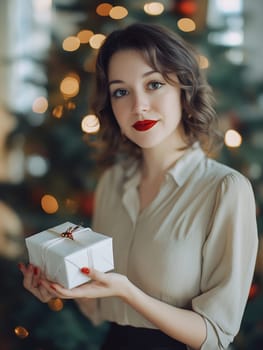 The woman smiles brightly while holding a small gift, surrounded by a sparkling Christmas tree and seasonal decorations.