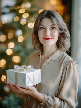 A woman with soft waves smiles while presenting a white gift box adorned with a ribbon amid festive decorations and warm lighting.