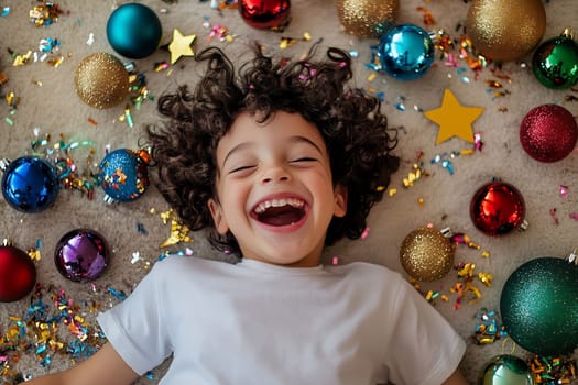 A cheerful child with curly hair laughs while resting on the floor amidst bright ornaments and colorful confetti at a party.
