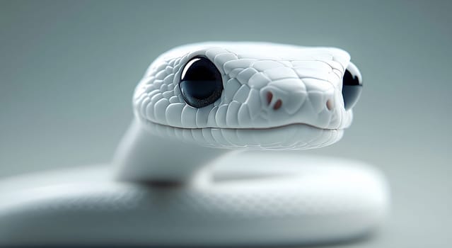 The rare white snake gazes curiously with its large black eyes while resting on a smooth surface.