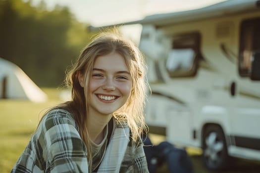 A joyful young woman relaxes outdoors, smiling warmly, with a camper in the background during a peaceful afternoon outing.