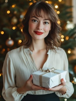 A cheerful young woman presents a neatly wrapped present, surrounded by twinkling lights and ornaments on a Christmas tree.