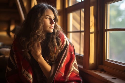 A woman enjoys a peaceful moment, wrapped in a blanket, looking thoughtfully out a cabin window as sunlight filters through.