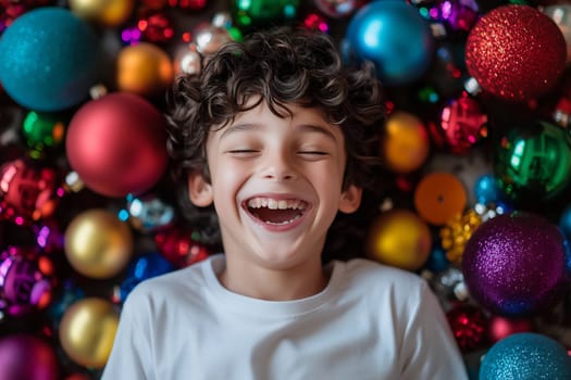 A delighted boy smiles broadly while surrounded by various vibrant Christmas ornaments, capturing the essence of holiday joy.