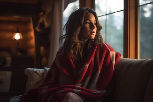 A woman relaxes on a sofa, wrapped in a blanket, while looking out at the serene landscape as the sun sets.
