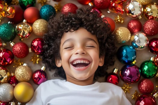 A happy child laughs while lying amidst bright Christmas ornaments, celebrating the joy of the holiday season.