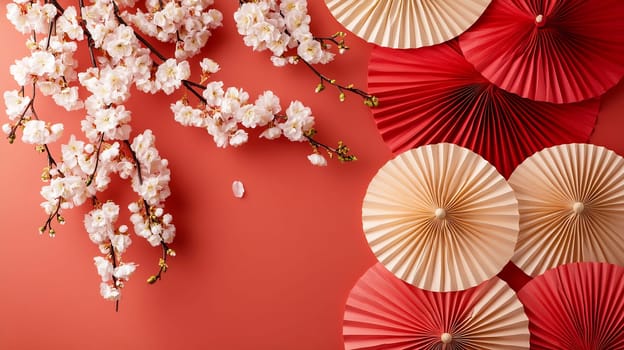 Cherry blossoms bloom alongside a collection of decorative fans, creating a striking display against a warm coral backdrop.