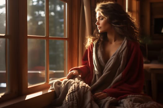 Wrapped in a soft blanket, a woman enjoys a peaceful morning, gazing out the window as warm sunlight fills the rustic cabin.