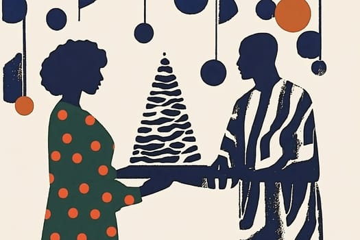 A couple joyfully hands over a wrapped gift, surrounded by holiday decorations, enhancing the festive atmosphere in their home.