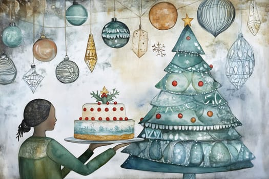 A woman carries a beautifully decorated cake next to a Christmas tree adorned with ornaments in a cozy room filled with holiday spirit.