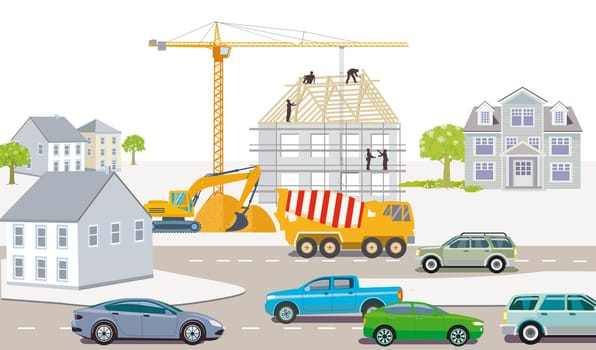 Construction workers building a house with construction machinery, illustration