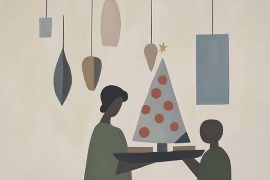 A pair of people is seen arranging ornaments on a simple Christmas tree while enjoying a festive indoor atmosphere.