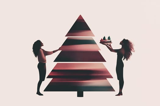 Two women joyfully decorate a Christmas tree while one holds a festive cake adorned with miniature trees, creating a warm holiday vibe.