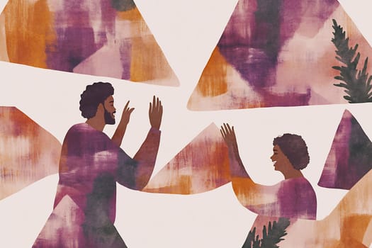 Two people are animatedly chatting with each other, surrounded by vibrant abstract shapes in warm hues.