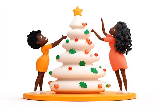 Two children joyfully place decorations on a Christmas tree, celebrating the festive holiday spirit with bright colors.
