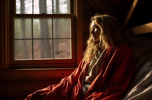 A young woman with tousled hair sits comfortably wrapped in a blanket, gazing thoughtfully out of a sunlit window.
