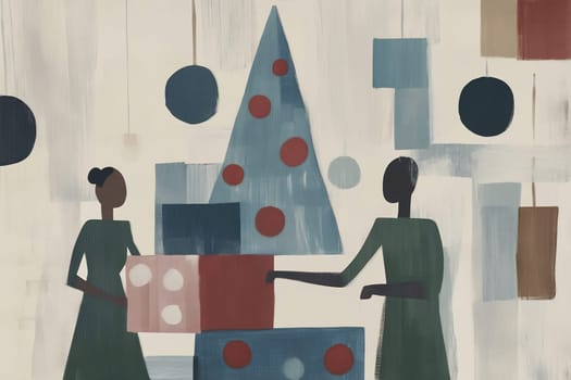 Two figures arrange geometric gift boxes around a stylized Christmas tree adorned with colorful hanging decorations, celebrating the holidays.
