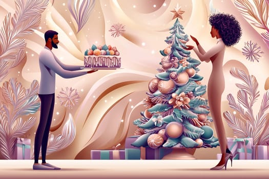 Two people enjoy a festive moment together, as one presents a beautifully decorated cake beside a sparkling Christmas tree.