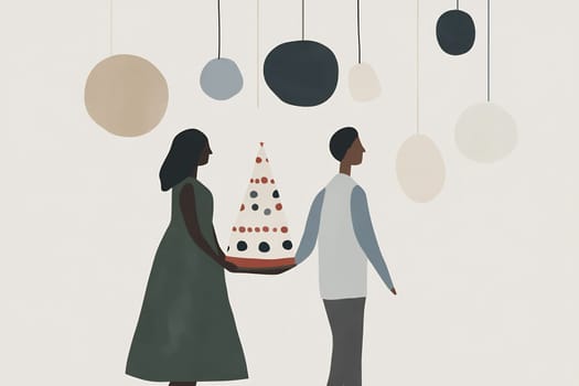 A couple dressed in stylish clothing carries an intricately decorated cake through an elegant space filled with hanging decor.
