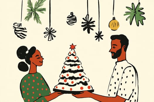 A couple presents a beautifully decorated cake shaped like a Christmas tree, celebrating the warm holiday spirit together indoors.