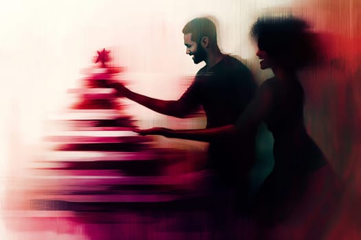 A couple is excitedly adding ornaments to a colorful Christmas tree, capturing the spirit of the holiday season together.