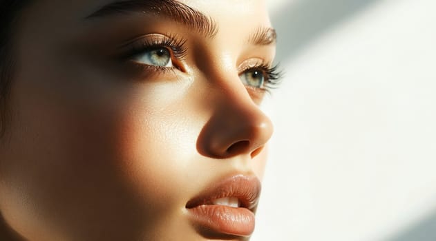 A young woman gazes thoughtfully while bathed in natural light, highlighting her delicate facial features and captivating blue eyes.