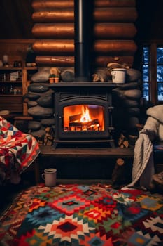 A warm stone fireplace radiates comfort in a rustic cabin, surrounded by colorful blankets and a vibrant area rug on a winter night.