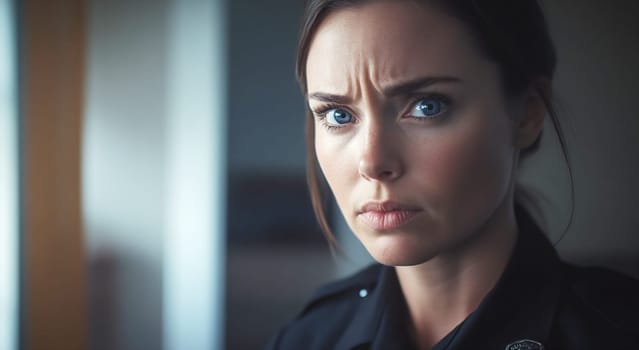 A police officer displays intense concentration while investigating a pressing matter within the precinct office.