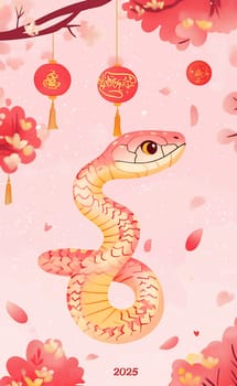 A vibrant snake winds through pink blossoms and hanging lanterns, symbolizing the Lunar New Year festivities for 2025.