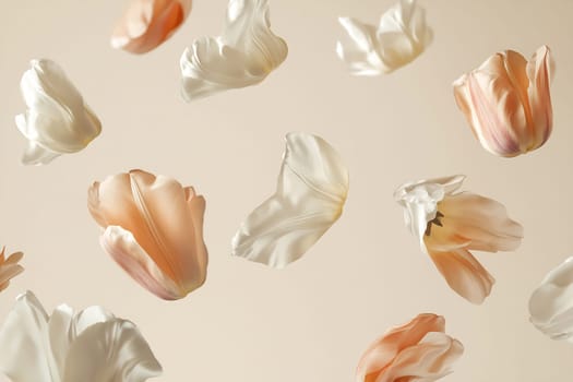 Petals from white and peach tulips are seen gently floating in mid-air, creating a serene and tranquil atmosphere.