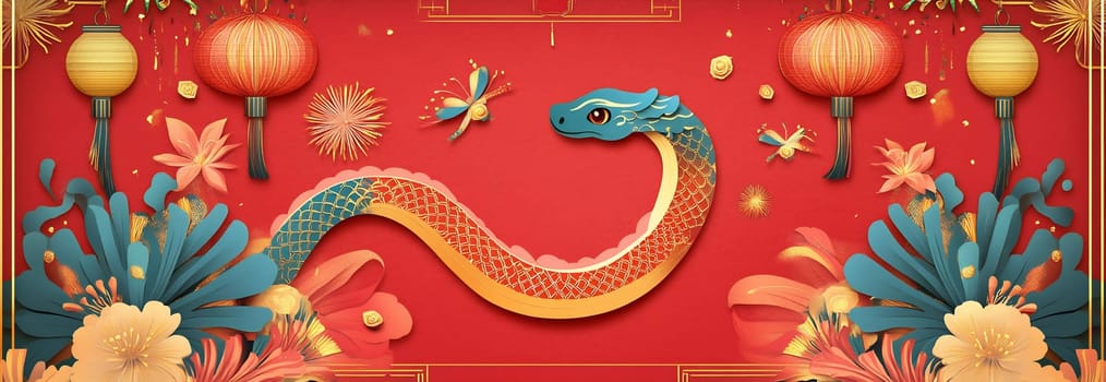 A vibrant dragon design features alongside lanterns, flowers, and fireworks, symbolizing celebration and tradition in an artistic display.