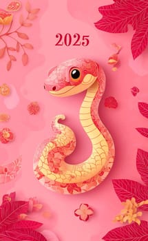The bright, stylized snake represents the year 2025, embellished with floral patterns against a cheerful pink backdrop.