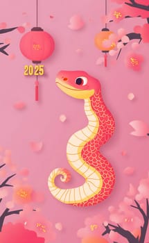 A vibrant snake illustration signifies the 2025 Year of the Snake, surrounded by lanterns and spring blossoms in a festive atmosphere.