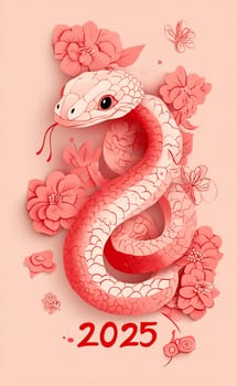 The vibrant pink snake, surrounded by flowers, represents the upcoming Lunar New Year of the Snake in 2025 with rich details.