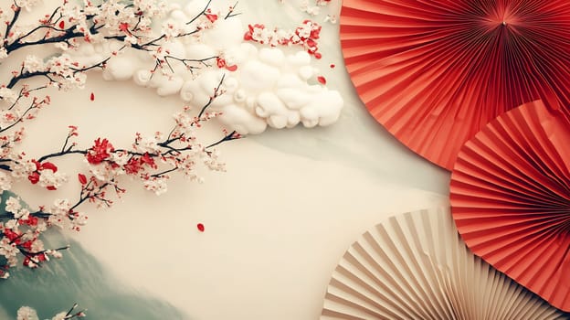 Cherry blossoms are delicately placed alongside vibrant paper fans, creating a serene and artistic display with soft colors.