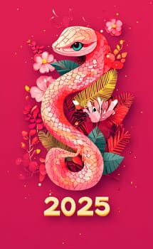 A colorful snake entwined with blooming flowers and green leaves symbolizes the arrival of the year 2025.