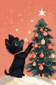 A cheerful black puppy reaches for a sparkling star on a decorated Christmas tree with vibrant ornaments.