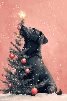 A black dog admires a small Christmas tree adorned with ornaments while snow gently falls in a festive atmosphere.