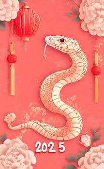 An artistic depiction of a snake surrounded by lanterns and flowers, symbolizing the lunar new year celebration.