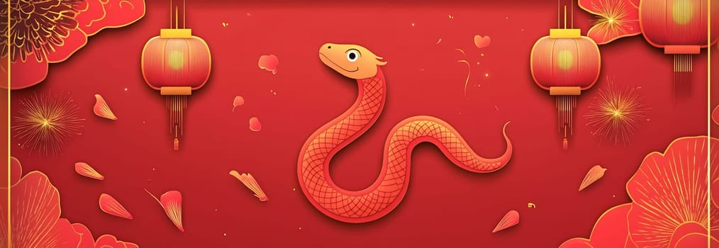 A vibrant red background features a whimsical snake surrounded by lanterns and floral decorations symbolizing new year's celebrations.