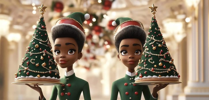 Two cheerful holiday helpers hold trays of Christmas desserts in an elegantly adorned space with vibrant decorations.