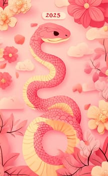 A colorful pink snake weaves through delicate flowers and soft clouds, celebrating the year 2025 in a charming artistic design.