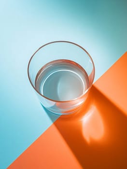 A clear glass filled with water sits on a striking blue and orange background, highlighting light reflections and shadows.