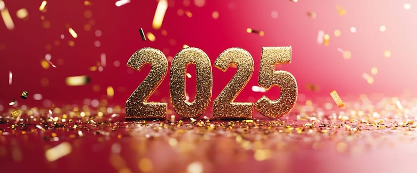The golden numbers 2025 shine brightly amidst a flurry of colorful confetti on a vibrant red background, signaling the New Year celebration.