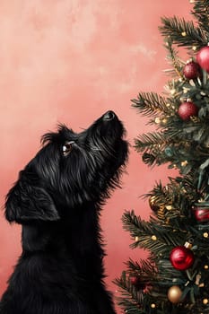 The black dog looks up in wonder at the colorful decorations on the Christmas tree in a warm, festive room.