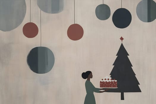 A woman in a green dress holds a decorated cake while standing next to a Christmas tree adorned with ornaments, celebrating the holidays.