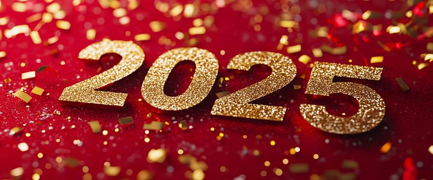 Golden numbers representing 2025 are surrounded by sparkling confetti on a bright red surface, creating a festive atmosphere for the new year.