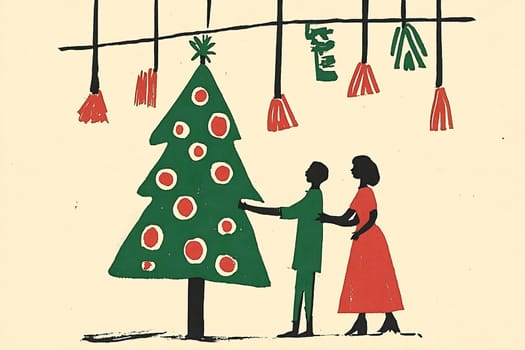 A couple joyfully decorates a vibrant Christmas tree together, surrounded by festive lights and holiday decor in a warm environment.